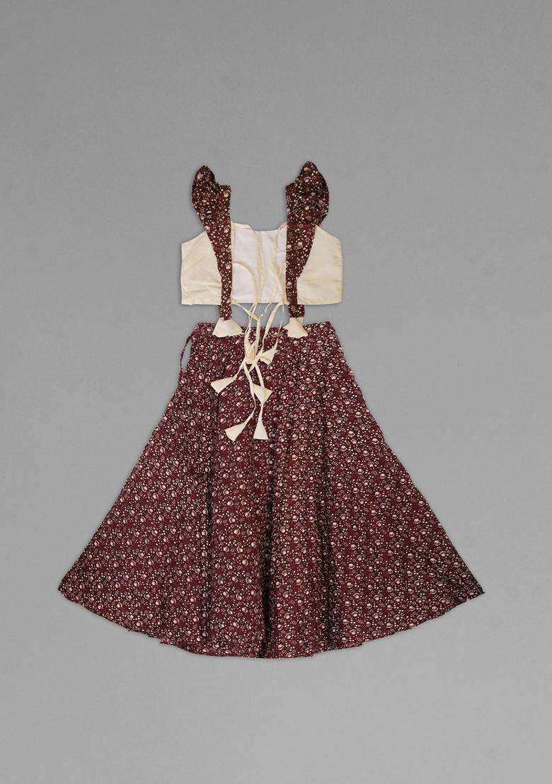Brown Printed Viscose Lehenga Set For Girls - Indya