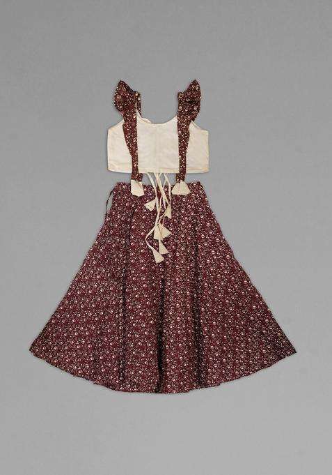 Brown Printed Viscose Lehenga Set For Girls