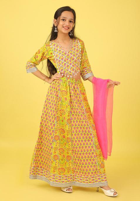 Yellow Printed Cotton Lehenga Set For Girls — view on Indya