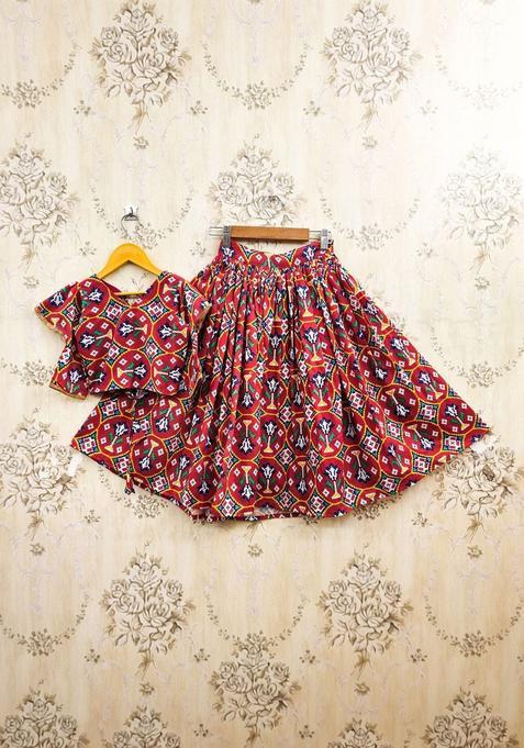 Maroon Printed Cotton Lehenga Set For Girls — view on Indya