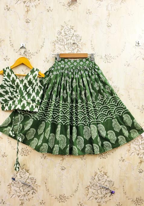 Green Printed Cotton Lehenga Set For Girls — view on Indya