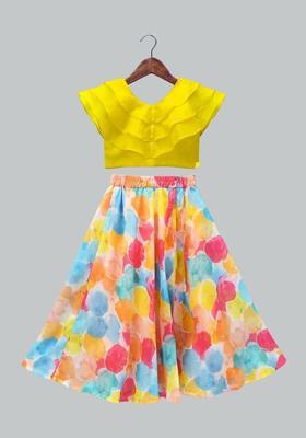 Yellow Solid Georgette Lehenga Set For Girls