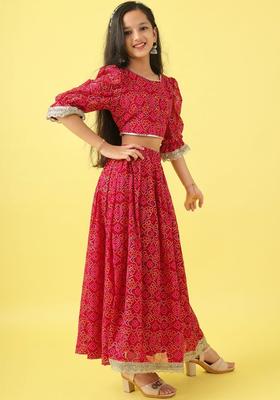 Maroon Printed Polyester Lehenga Set For Girls
