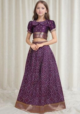 Purple Woven Design Silk Lehenga Set For Girls