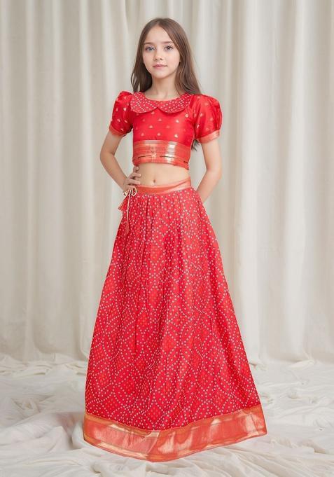 Red Woven Design Silk Lehenga Set For Girls — view on Indya