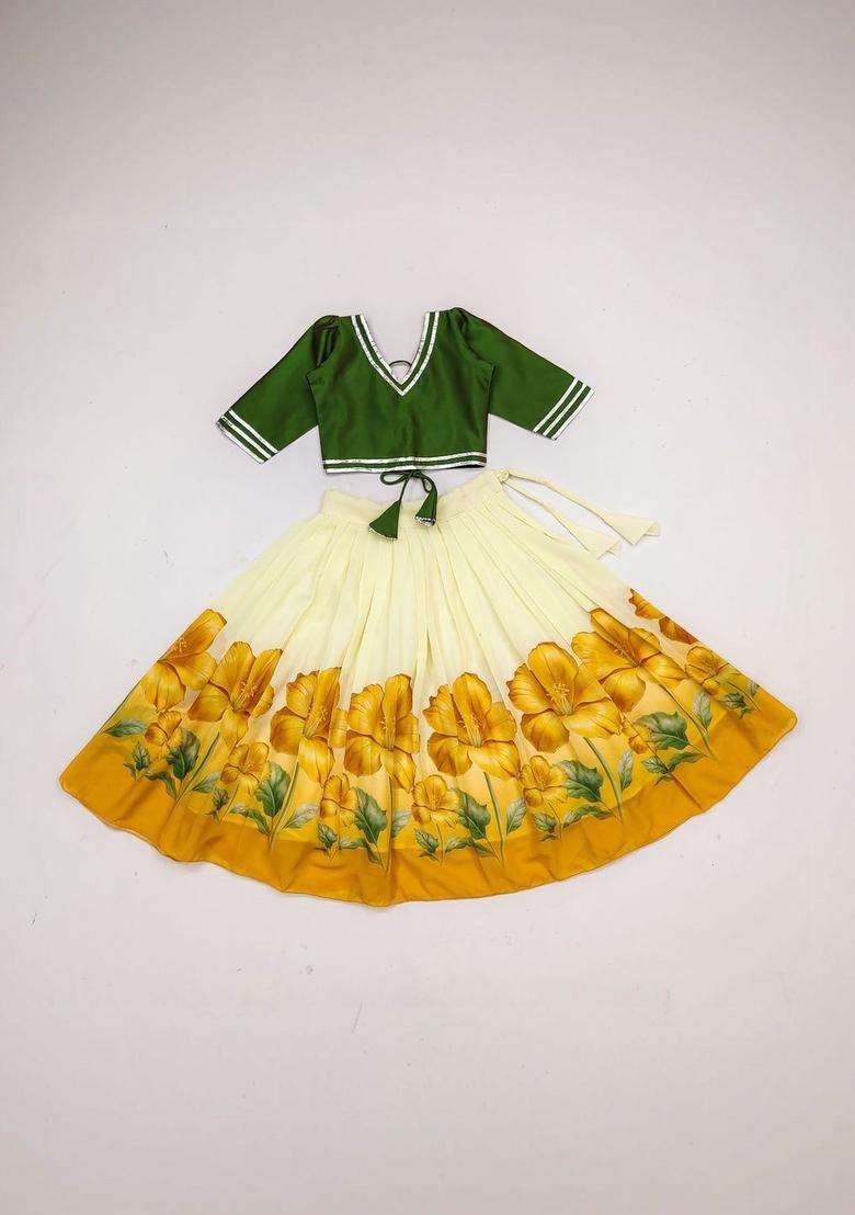 Yellow Solid Silk Lehenga Set For Girls - Indya