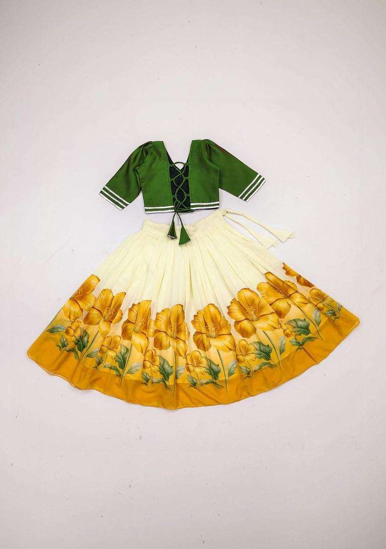 Yellow Solid Silk Lehenga Set For Girls - Indya