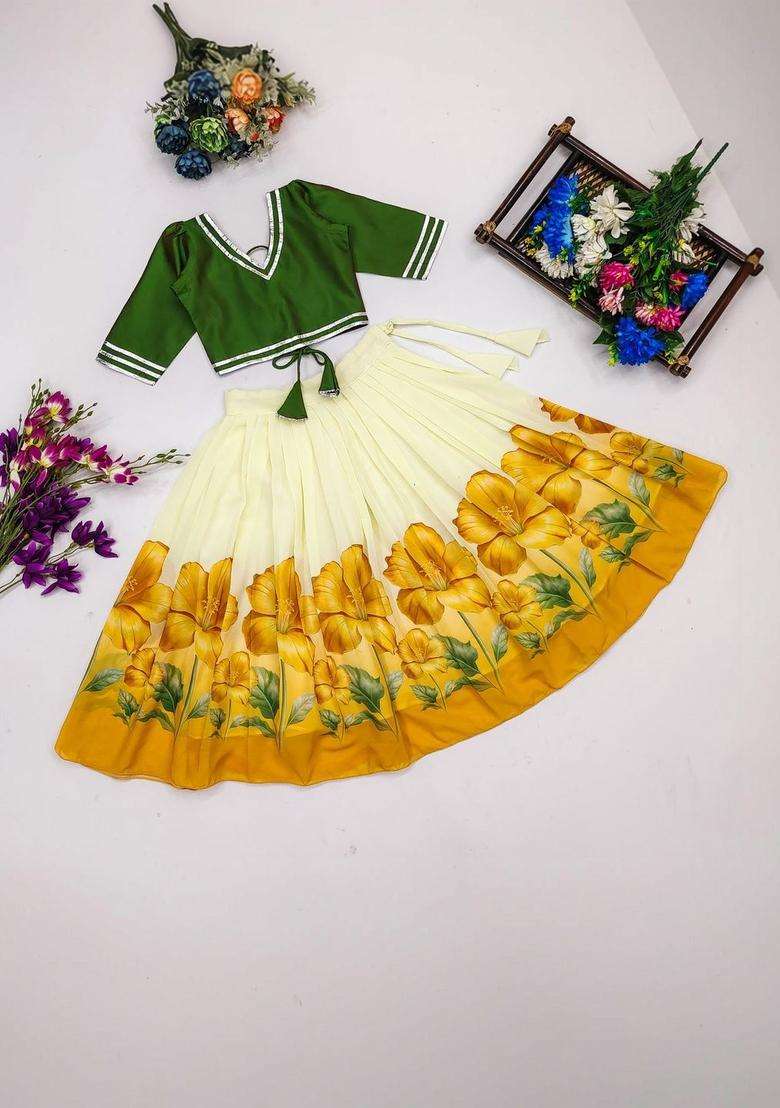 Yellow Solid Silk Lehenga Set For Girls - Indya