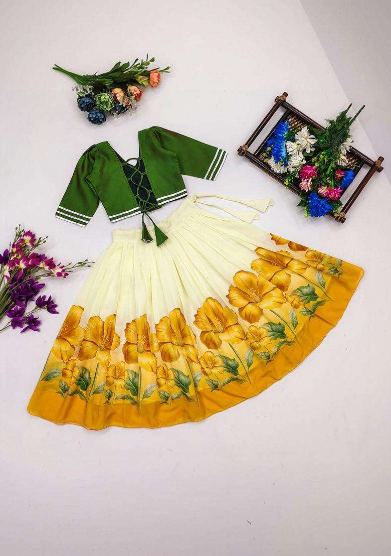 Yellow Solid Silk Lehenga Set For Girls - Indya