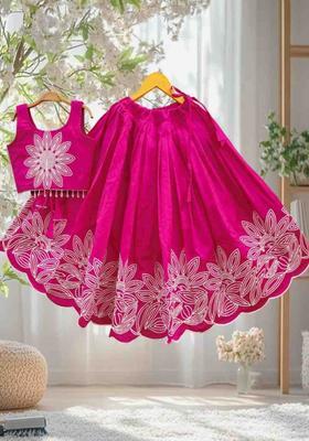 Purple Embroidered Satin Lehenga Set For Girls