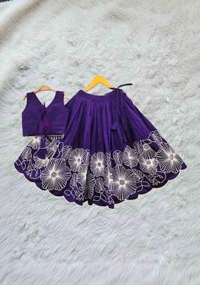 Purple Embroidered Satin Lehenga Set For Girls