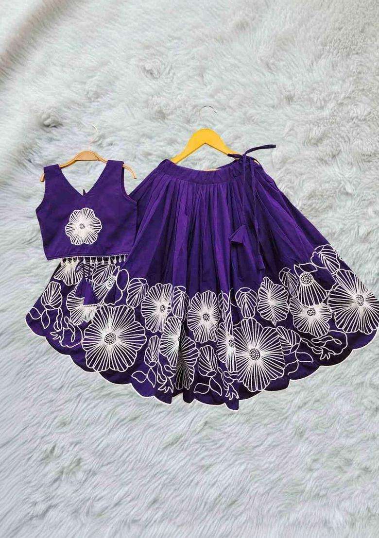 Purple Embroidered Satin Lehenga Set For Girls - Indya