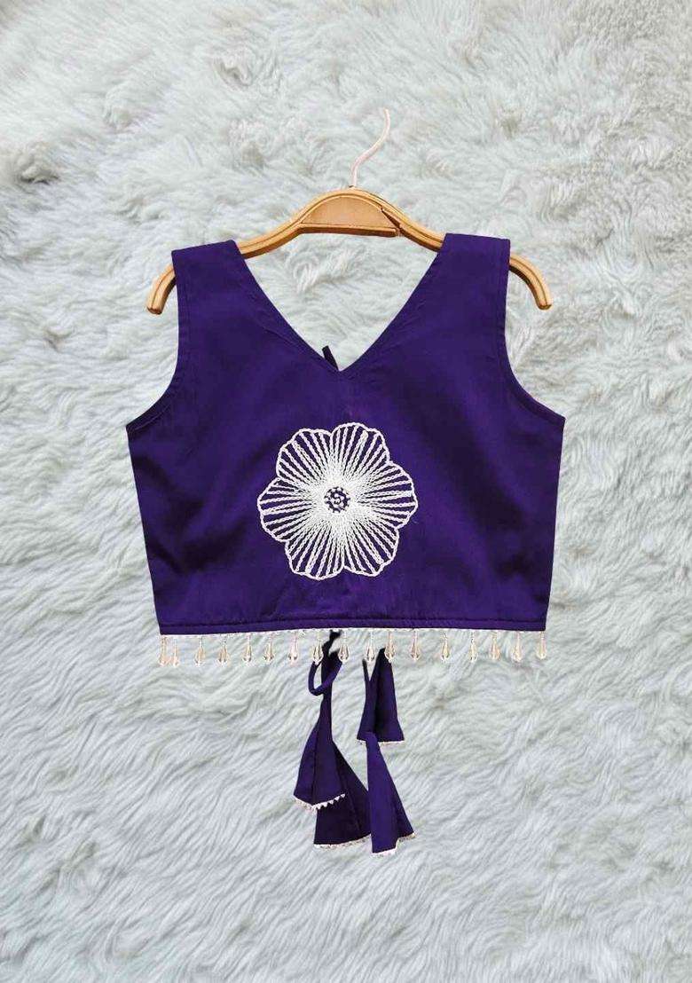 Purple Embroidered Satin Lehenga Set For Girls - Indya