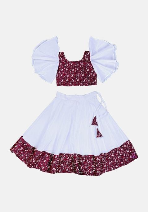 White Printed Silk Lehenga Set For Girls — view on Indya