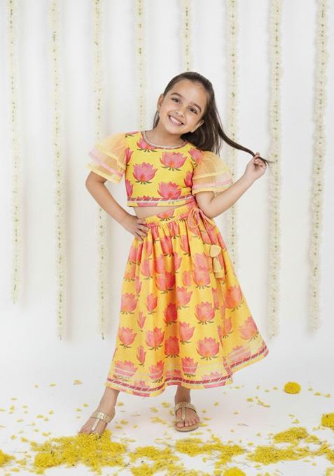 Yellow Printed Cotton Lehenga Set For Girls — view on Indya