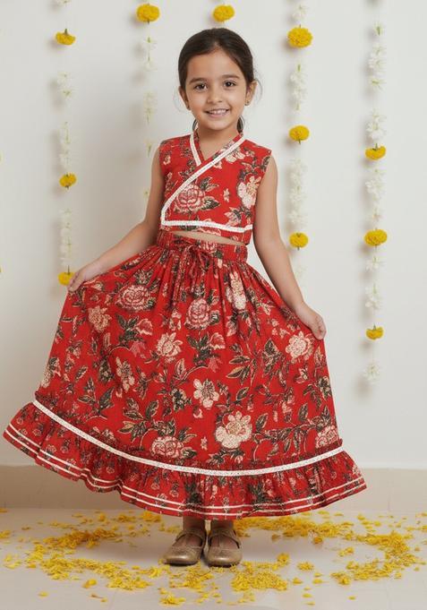 Red Printed Cotton Lehenga Set For Girls — view on Indya