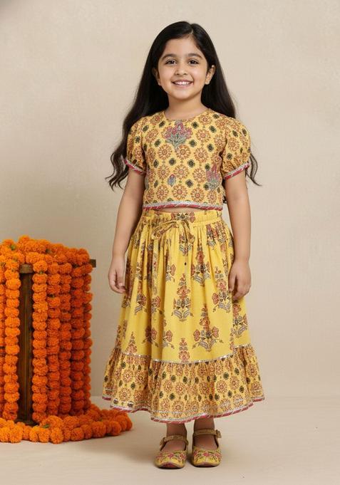 Yellow Floral Cotton Lehenga Set For Girls — view on Indya