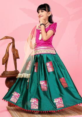 Green Woven Design Silk Lehenga Set For Girls