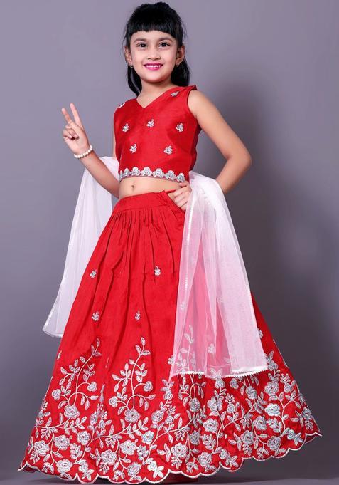 Red Embroidered Silk Lehenga Set For Girls — view on Indya