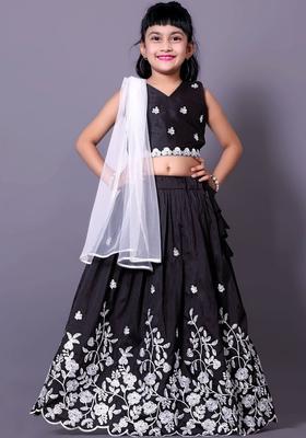 Black Embroidered Silk Lehenga Set For Girls