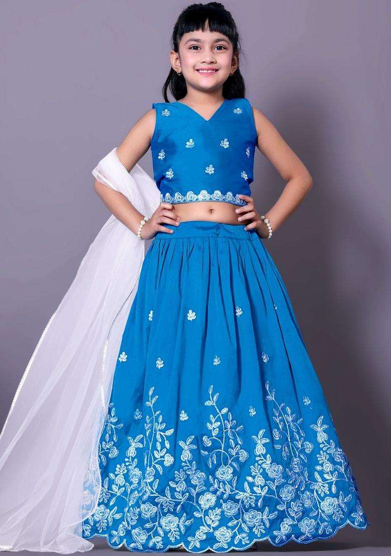 Blue Embroidered Cotton Lehenga Set For Girls - Indya