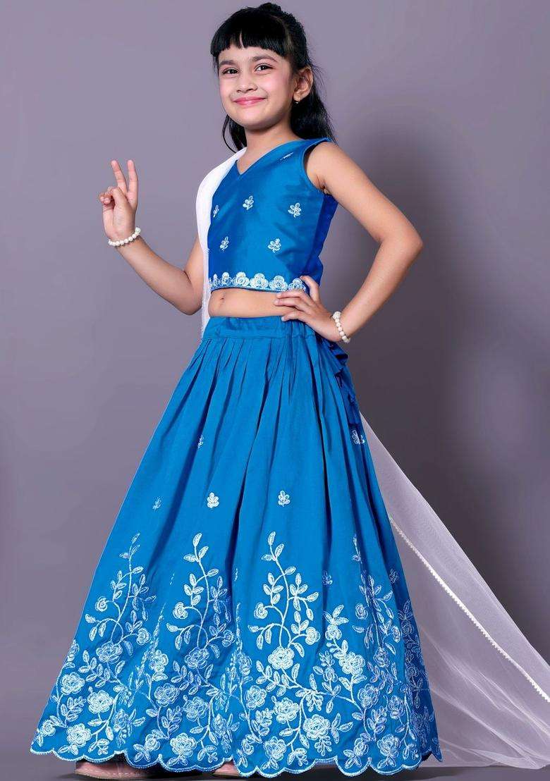 Blue Embroidered Cotton Lehenga Set For Girls - Indya