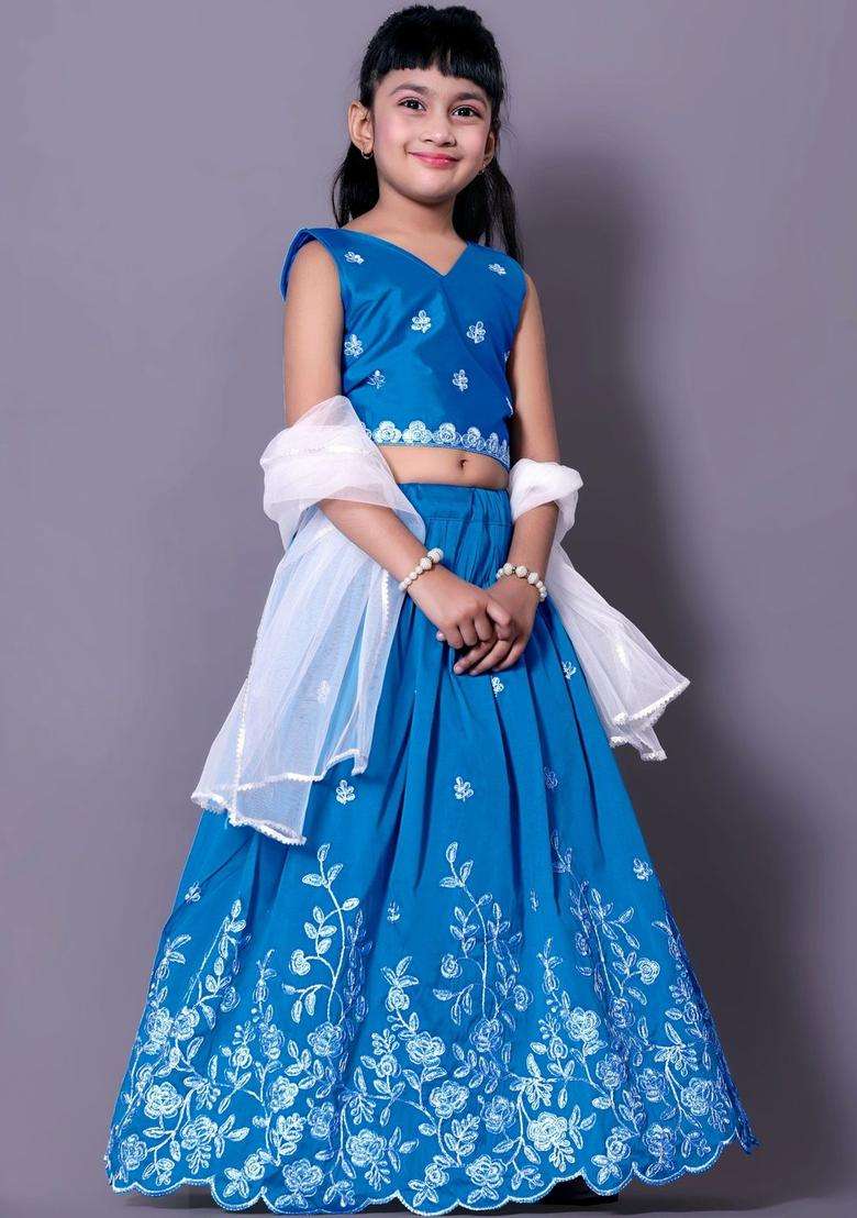 Blue Embroidered Cotton Lehenga Set For Girls - Indya