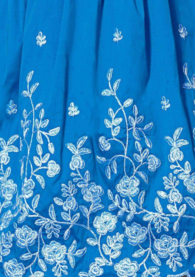 Blue Embroidered Cotton Lehenga Set For Girls - Indya