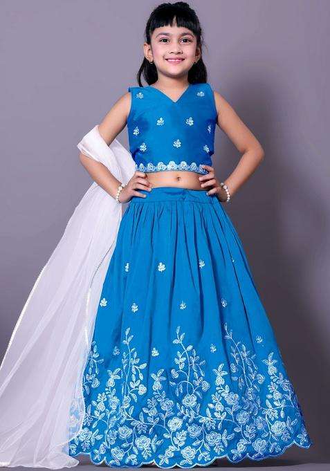 Blue Embroidered Cotton Lehenga Set For Girls