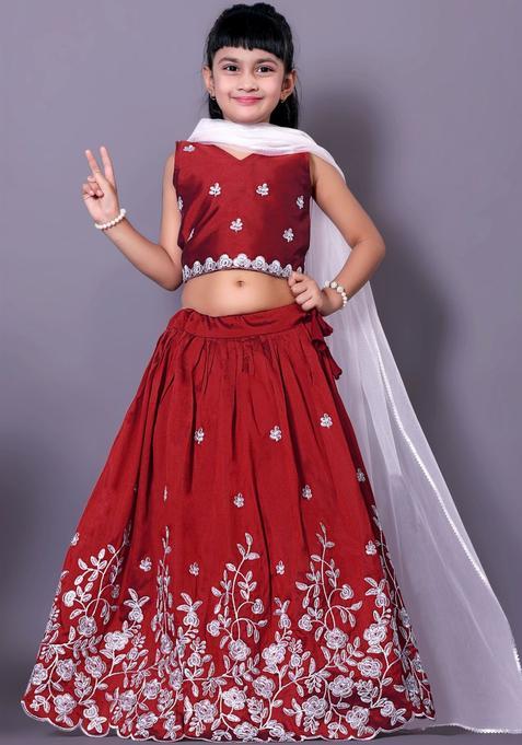 Maroon Embroidered Silk Lehenga Set For Girls — view on Indya