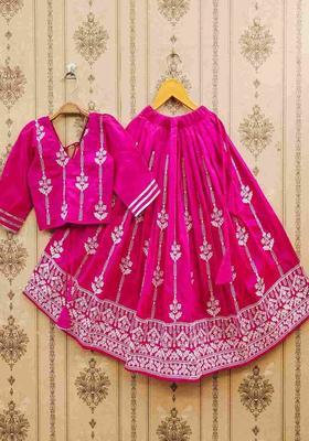 Purple Embroidered Satin Lehenga Set For Girls