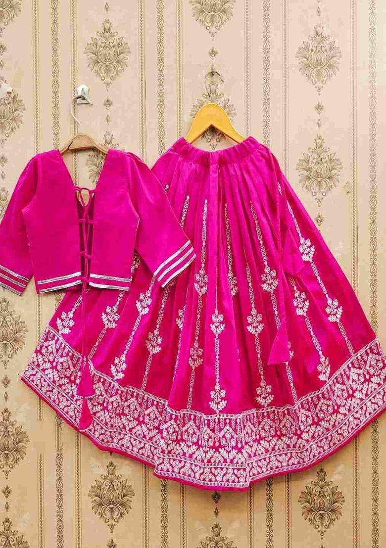 Purple Embroidered Satin Lehenga Set For Girls - Indya