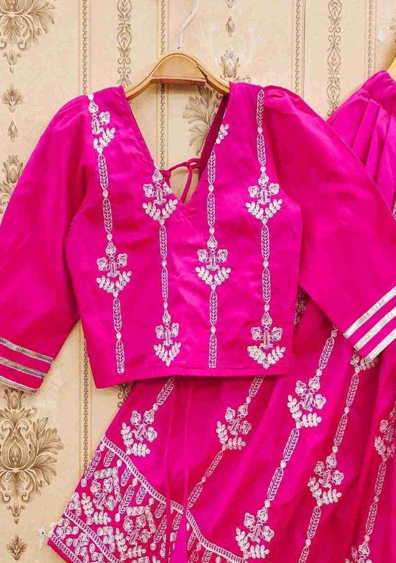 Purple Embroidered Satin Lehenga Set For Girls - Indya
