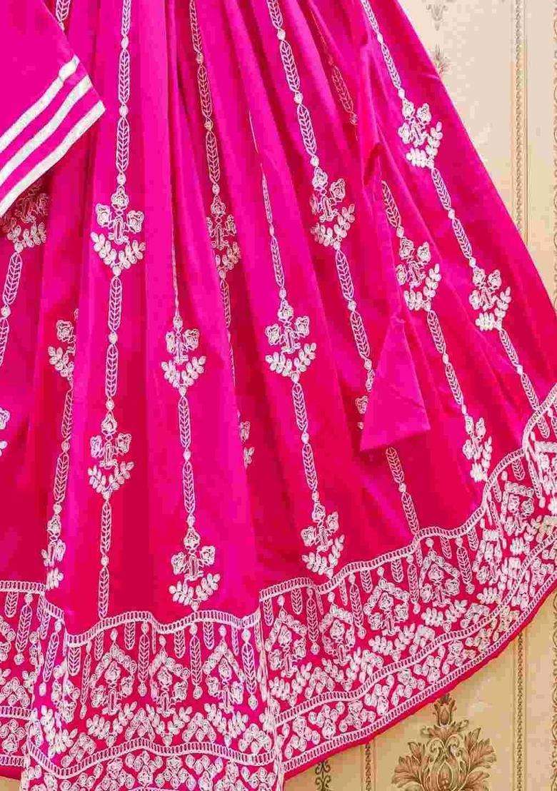 Purple Embroidered Satin Lehenga Set For Girls - Indya
