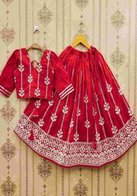 Red Embroidered Satin Lehenga Set For Girls