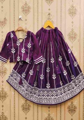 Purple Embroidered Satin Lehenga Set For Girls