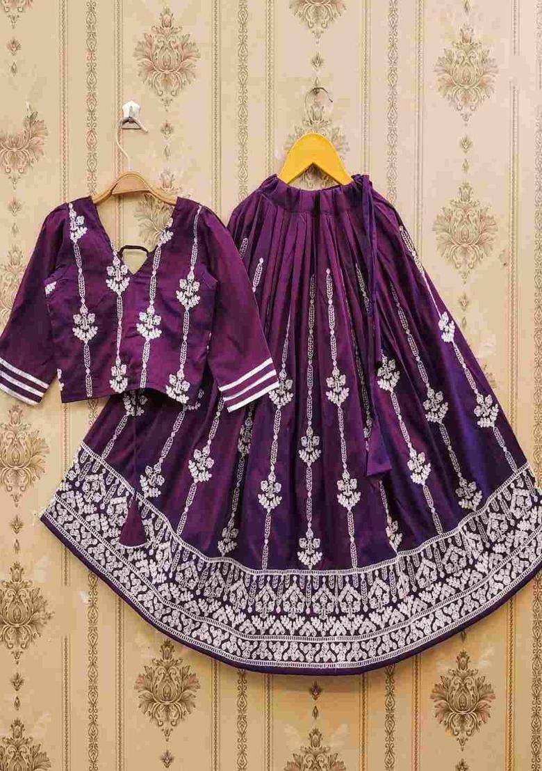Purple Embroidered Satin Lehenga Set For Girls - Indya