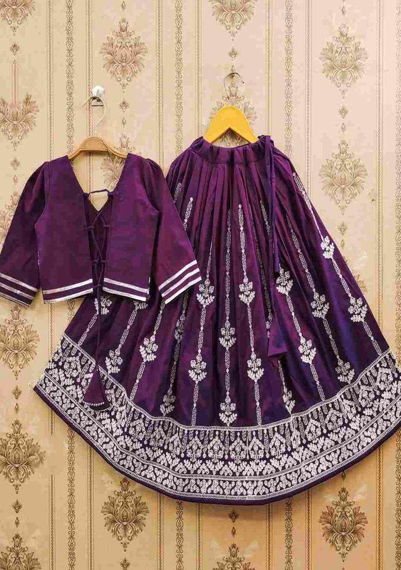 Purple Embroidered Satin Lehenga Set For Girls - Indya