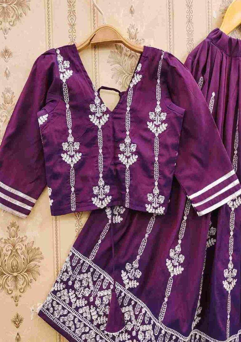 Purple Embroidered Satin Lehenga Set For Girls - Indya