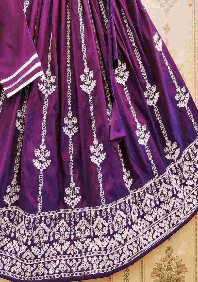 Purple Embroidered Satin Lehenga Set For Girls - Indya