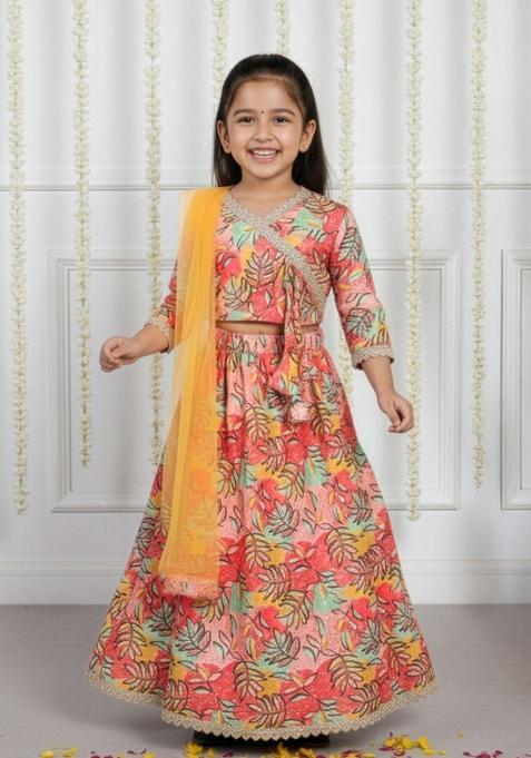 Pink Floral Polyester Lehenga Set For Girls — view on Indya
