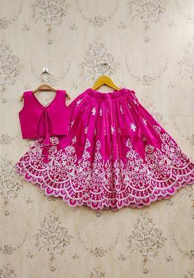 Pink Embroidered Silk Lehenga Set For Girls