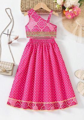 Pink Printed Polyester Lehenga Set For Girls