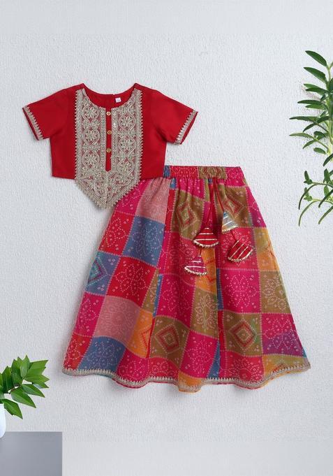 Red Embroidered Polyester Lehenga Set For Girls — view on Indya