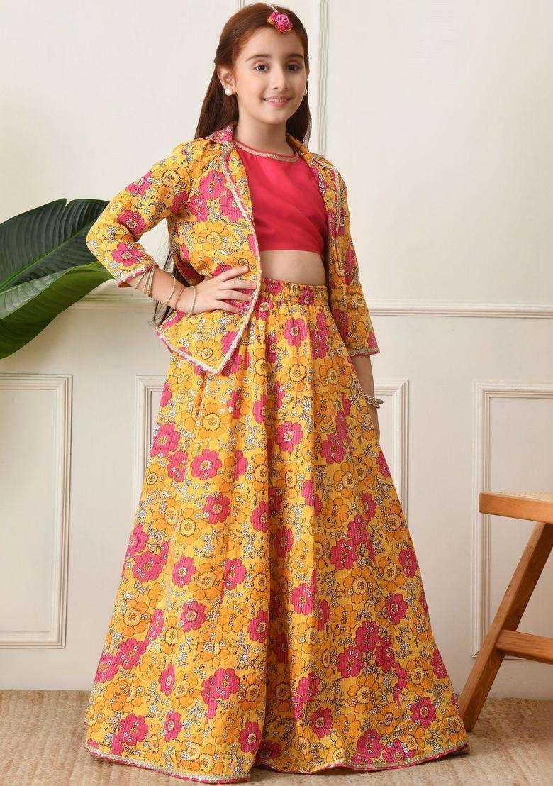 Yellow Solid Cotton Lehenga Set For Girls - Indya