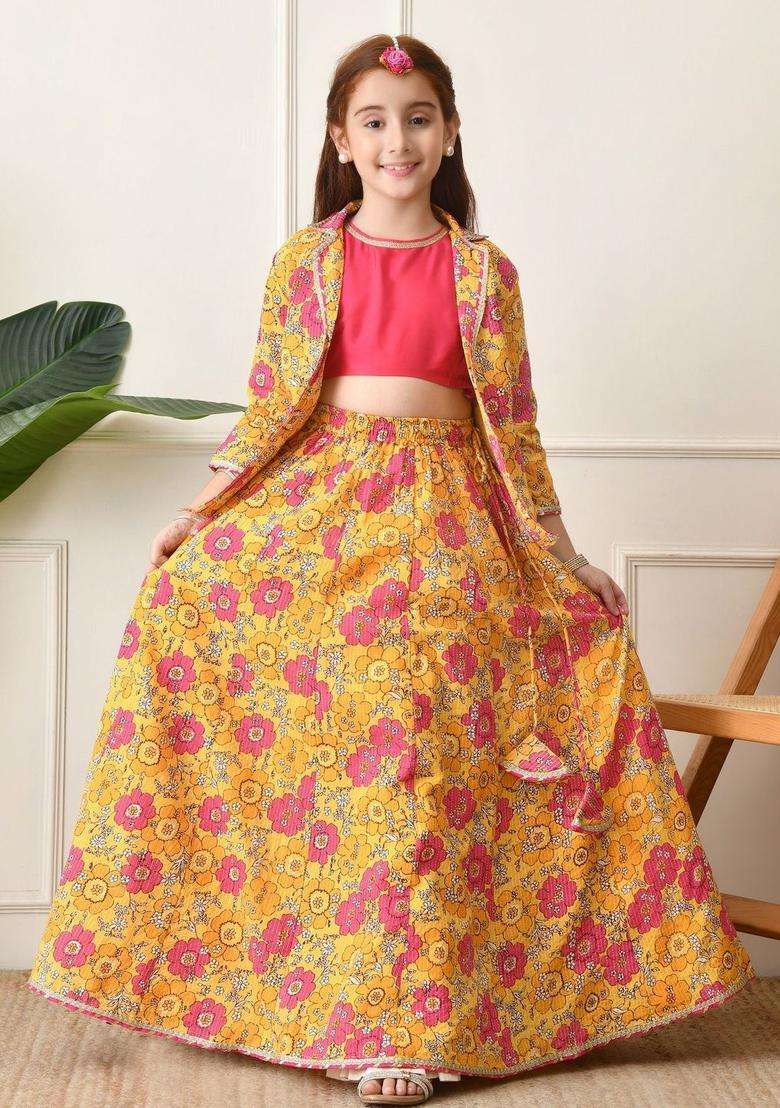 Yellow Solid Cotton Lehenga Set For Girls - Indya