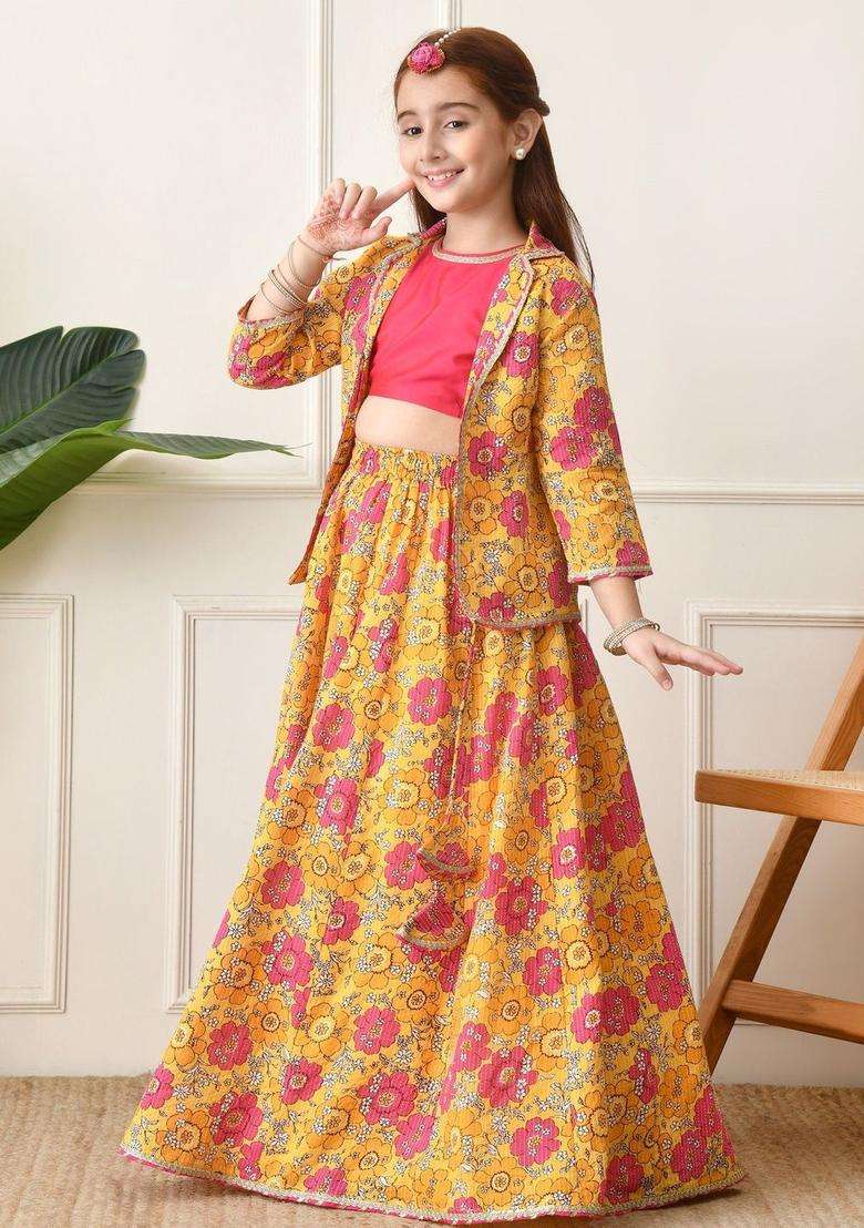 Yellow Solid Cotton Lehenga Set For Girls - Indya