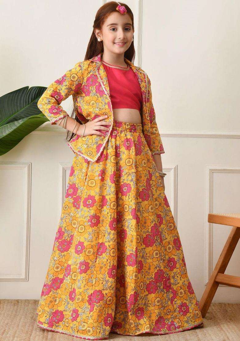 Yellow Solid Cotton Lehenga Set For Girls - Indya