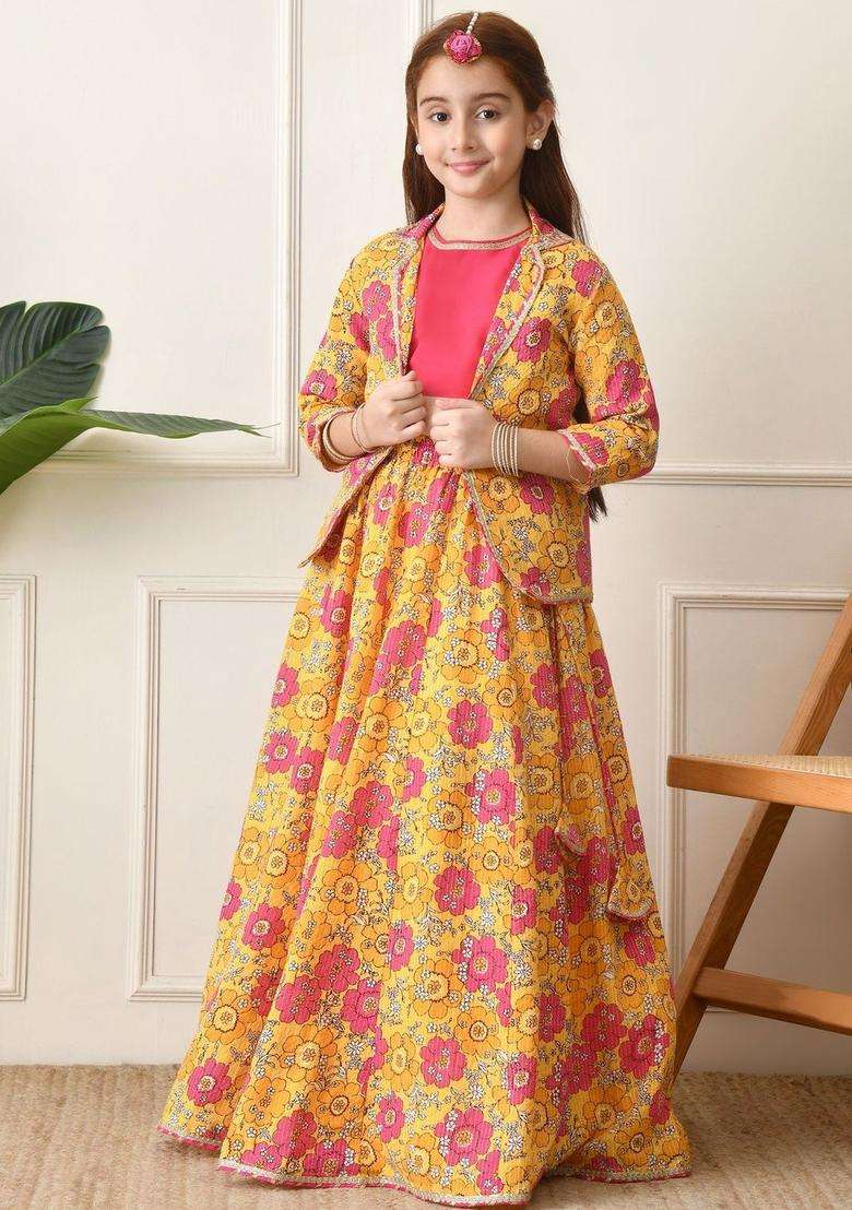 Yellow Solid Cotton Lehenga Set For Girls - Indya