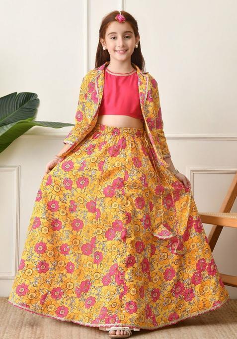 Yellow Solid Cotton Lehenga Set For Girls — view on Indya